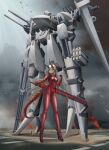  1girl absurdres artknight045 black_gloves bodysuit breasts cannon commentary full_body gloves gradient_hair grey_hair high_heels highres holding holding_sword holding_weapon horns long_hair mecha mecha_pilot_suit mechanical_horns medium_breasts multicolored_hair original red_bodysuit red_eyes red_hair robot science_fiction skin_tight solo sword symbol-only_commentary very_long_hair weapon 