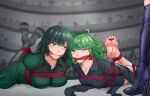  3girls absurdres bdsm bondage bound breasts dress fubuki_(one-punch_man) gag green_dress green_eyes green_hair highres kaijin_hime_do-s multiple_girls no_shoes one-punch_man peril restrained shibari short_hair soles tatsumaki yuehei_dao 