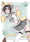  1girl :d absurdres aburi-gatana animal_ear_fluff animal_ears arm_warmers black_hair blush border braid claw_pose cropped_shirt crown detached_sleeves fake_tail fang fingernails fishnet_thighhighs fishnets frilled_sailor_collar frilled_skirt frills grey_nails grey_sailor_collar grey_skirt hair_between_eyes hair_ornament hairclip hat hat_with_ears highres idolmaster idolmaster_(classic) idolmaster_million_live! idolmaster_million_live!_theater_days kikuchi_makoto leaning_forward lion_ears lion_tail looking_at_viewer midriff mini_crown nail_polish open_mouth outside_border plaid_clothes plaid_skirt purple_eyes sailor_collar shirt short_hair single_fishnet_legwear skin_fang skirt sleeveless sleeveless_shirt smile solo standing tail thighhighs white_border white_thighhighs yellow_sleeves 