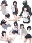  1boy 1girl absurdres animal backpack bag black_cat black_hair black_nails black_necktie black_shorts black_skirt breasts brown_eyes cat cellphone collared_shirt dolphin_shorts facial_mark highres holding holding_animal holding_cat holding_hands large_breasts mac_star medium_hair multiple_views navel necktie original panties phone shirt shorts skirt smartphone star_(symbol) star_facial_mark topless_female underwear white_panties white_shirt yellow_panties 