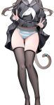 1girl absurdres black_pantyhose black_sailor_collar black_serafuku black_shirt black_skirt black_thighhighs brown_hair chinese_commentary clothes_lift commentary_request double_v feet_out_of_frame film_grain hair_over_shoulder head_out_of_frame highres lifting_own_clothes long_hair long_sleeves neckerchief no_shoes original panties pantyhose pleated_skirt sailor_collar school_uniform serafuku shenmi_de_xigua shirt simple_background skirt skirt_lift solo standing striped_clothes striped_panties tail thighhighs underwear v white_background white_neckerchief 