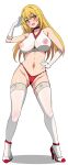  1girl :d anime_coloring ass_visible_through_thighs bare_shoulders black_choker blonde_hair breasts brown_eyes buruma cameltoe choker commentary_request covered_nipples cropped_shirt elbow_gloves frozen_gingasan gloves groin hand_on_own_hip high_heels highleg highleg_buruma highres large_breasts long_hair looking_at_viewer navel nipples open_mouth red_buruma salute shirt shokuhou_misaki sleeveless sleeveless_shirt smile sparkling_eyes symbol-shaped_pupils thighhighs toaru_kagaku_no_mental_out toaru_kagaku_no_railgun toaru_majutsu_no_index very_long_hair white_thighhighs 