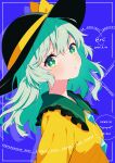  1girl absurdres black_hat blue_background coysee frilled_shirt_collar frills from_side green_eyes green_hair hat hat_ribbon highres koishi_day komeiji_koishi long_hair looking_at_viewer looking_to_the_side ribbon shirt solo touhou upper_body yellow_ribbon yellow_shirt 