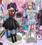  0ne_back 2girls ;d ame-chan_(needy_girl_overdose) bag bandaid bandaid_on_leg black_boots black_eyes black_hair black_socks blonde_hair blue_eyes blue_hair blue_serafuku blunt_bangs boots character_doll chest_bow chouzetsusaikawa_tenshi-chan clothes_hanger clothes_rack contrapposto crt doll double_v drawer full_body hair_ornament hair_over_one_eye hand_on_own_chin head_tilt knees_together_feet_apart looking_at_viewer messy_room multiple_girls neck_ribbon needy_girl_overdose one_eye_closed pien_cat_(needy_girl_overdose) pink_hair platform_shoes poster_(object) quad_tails red_shirt ribbon rug school_uniform serafuku shirt short_twintails sidelocks skirt smile socks suspender_skirt suspenders television twintails v winged_sleeves x_hair_ornament 