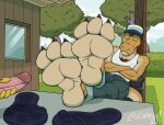 2025 3_toes anthro backyard barefoot big_feet body_hair bottomwear brown_hair canid canine canis chest_hair claws clothed clothed_male clothing cloud corgidor crossed_arms denim denim_bottomwear denim_clothing dinosaur domestic_dog doritohead dromaeosaurid duo erection eyes_closed feathers feet flip_flops foot_focus foot_on_table footprint footprint_in_shoe footwear furniture grass hair hat havarti_jack headgear headwear hedge hi_res jeans male male/male mammal masturbation mixed_breed outside pants patio penile penile_masturbation plant prehistoric_species reptile sandals scales scalie shirt shoes shrub signature sitting sky sleeping soles solo_focus sound_effects table tail tank_top theropod toe_claws toes topwear tree trucker_hat utahraptor vowelless vowelless_sound_effect wally_pembroke yellow_body yellow_feathers yellow_scales zzz
