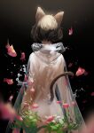  1girl air_bubble animal animal_ears black_background black_hair blurry bob_cut breasts bubble cat_ears cat_girl cat_tail censored cleavage completely_nude depth_of_field facing_away fish flying_fish from_behind kemono_fabric kemono_fabric_vivarium_transfer mogumo nude original see-through_clothes short_hair solo tail tail_raised tropical_fish water 