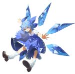  1girl ankle_socks blue_bow blue_dress blue_eyes blue_hair blue_wings bow brown_shoes cirno collared_shirt commentary detached_wings dress floating_clothes full_body grin hair_between_eyes hair_bow highres ice ice_wings kinoko_(kino2435006) light_blush loafers looking_at_viewer loose_socks medium_dress medium_hair messy_hair neck_ribbon open_hands outstretched_arms outstretched_legs pinafore_dress puffy_short_sleeves puffy_sleeves red_ribbon ribbon shirt shoe_soles shoes short_sleeves simple_background sleeveless sleeveless_dress smile socks solo spread_arms teeth touhou v-shaped_eyebrows white_background white_shirt white_socks wings 