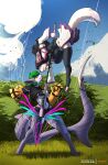 absurd_res anthro black_hair blade bottomwear canid canine clothing duo female feretta fight fish fishnet_clothing fox fur grass green_hair hair hi_res hoodie hotpants mackerel_shark mammal marine melee_weapon pink_hair plant polearm power_fist purple_body purple_eyes purple_skin shark shorts shrub sky smile smirk spear tail tail_blade thresher_shark topwear weapon weapon_tail white_body white_fur yellow_eyes