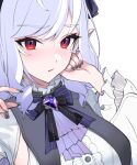  1girl black_nails bow bowtie breasts center_frills commentary frills gem hands_up long_hair long_sleeves looking_at_viewer mole mole_under_eye multicolored_hair parted_lips pointy_ears purple_bow purple_bowtie purple_gemstone purple_hair red_eyes rohioart sideboob_cutout simple_background solo streaked_hair symbol-only_commentary upper_body vivian_banshee white_background zenless_zone_zero 