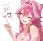  1girl animal_ears bare_shoulders blush breasts chattino_(raora_panthera) cleavage commentary english_commentary extra_ears fangs fingernails hair_intakes heart highres hololive hololive_english jetpack large_breasts long_hair looking_at_viewer milestone_celebration multicolored_hair omochiarts one_eye_closed open_mouth panther_ears panther_girl pink_hair pink_shirt raora_panthera shirt simple_background smile solo streaked_hair two-tone_hair virtual_youtuber white_background yellow_eyes 