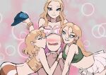  1boy 3girls absurdres ass barbara_(biku) bare_shoulders baseball_cap bella_(biku) biku blue_eyes blue_hat blush bra bra_peek breasts cleavage earrings hat highres hoop_earrings janitor jewelry kiss kissing_cheek large_breasts long_hair mole mole_under_eye multiple_girls navel original pink_bra pink_nails priss_(biku) purple_skirt short_hair skirt striped_clothes striped_skirt tank_top underwear unworn_hat unworn_headwear wavy_hair white_skirt white_tank_top 