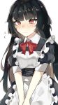  1girl alternate_costume aogisa apron bangs black_dress black_hair blunt_bangs blush closed_mouth dress eyebrows_visible_through_hair frilled_apron frills girls_frontline hands_together highres long_hair looking_down maid maid_apron maid_dress red_eyes red_ribbon ribbon short_sleeves simple_background solo type_100_(girls_frontline) upper_body white_apron white_background 