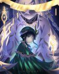  1boy 1girl artist_name black_hair blue_eyes blue_hair braid braided_bangs breasts cape closed_mouth collarbone erika_harlacher genshin_impact german_clothes green_cape hair_between_eyes hat_feather highres istaroth_(genshin_impact) junebuart jung_yoo-jung long_hair medium_breasts miaojiang multicolored_hair murase_ayumu night night_sky purple_sky sky smile streaked_hair twin_braids venti_(genshin_impact) very_long_hair voice_actor_connection white_background 