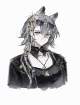  1girl absurdres ambience_synesthesia animal_ears arknights black_shirt chinese_commentary closed_mouth commentary_request cropped_shoulders crossed_bangs ear_piercing eyewear_on_head grey_hair hair_behind_ear hair_between_eyes highres long_hair looking_at_viewer mole mole_above_eye official_alternate_costume penance_(ambience_synesthesia)_(arknights) penance_(arknights) piercing scoop_neck shirt simple_background solo split_mouth sunglasses white_background yellow_eyes zhishi_mao_tiao 