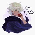  1boy anniversary apple aubz commentary english_commentary food fruit green_eyes grey_hair hair_over_one_eye highres holding holding_food holding_fruit looking_at_viewer male_focus octopath_traveler octopath_traveler_i short_hair signature smile solo therion_(octopath_traveler) upper_body white_background 