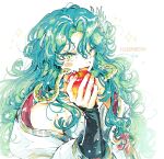  12ko_to 1girl :d absurdres apple bare_shoulders blue_hair character_name coat curly_hair dress fang food fruit green_eyes grey_dress hand_up highres hissabeth holding holding_food holding_fruit long_hair looking_at_viewer red_pupils reverse:1999 sleeveless sleeveless_dress smile snake snake_on_head solo sparkle upper_body white_background white_coat 