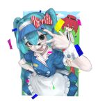  2girls alternate_costume apron aqua_hair black_nails black_necktie blue_background blue_hat bow buttons collared_shirt confetti diagonal-striped_bow double-breasted drill_hair green_background hair_between_eyes hand_on_own_hip hand_up hashtag-only_commentary hat hat_bow hatsune_miku kasane_teto kirinkachi looking_at_viewer mesmerizer_(vocaloid) multiple_girls necktie open_mouth pants red_bow red_eyes red_hat red_pants scared sharp_teeth shirt smiley_hat_ornament striped_clothes striped_shirt sweatdrop teeth tongue twin_drills twintails two-tone_bow upper_teeth_only utau vocaloid w waist_apron white_background 