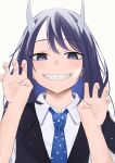  1girl aoki_ruri black_hair black_vest blue_eyes blue_necktie hands_up highres horns necktie ruridragon school_uniform sharp_teeth simple_background smile solo sono teeth upper_body vest white_background 