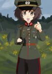  1girl absurdres akiyama_yukari belt binoculars blue_sky brown_eyes brown_hair collar_tabs cowboy_shot cross fluffy_hair germany girls_und_panzer hat highres holding holding_binoculars iron_cross looking_at_viewer military military_dress_uniform military_hat military_uniform mountain nazi necktie peaked_cap pointing pointing_at_viewer reichsadler short_hair sillynerpa sky solo swastika twitter_username wehrmacht world_war_ii 