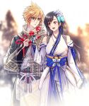  1boy 1girl bare_shoulders black_hair blonde_hair blue_eyes blurry blurry_background blush candy_apple cloud_strife cloud_strife_(official_festive_garb) commentary_request detached_sleeves earrings feet_out_of_frame final_fantasy final_fantasy_vii final_fantasy_vii_ever_crisis flower food hair_between_eyes hair_flower hair_ornament holding holding_candy_apple holding_food japanese_clothes jewelry kimono long_hair looking_at_another minato_(ct_777) obi official_alternate_costume open_mouth parted_lips red_eyes rope sash scarf sleeveless sleeveless_kimono spiked_hair tassel tassel_earrings tifa_lockhart tifa_lockhart_(festive_blue_daffodil_attire) white_flower white_kimono wide_sleeves 
