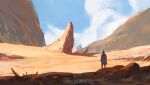  1boy blue_sky cambocreation cloud day desert from_behind landscape looking_ahead mountain original painterly rock scenery sky standing sunlight watermark 