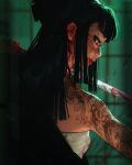  1girl bandaged_torso black_hair blood blood_on_face blood_on_hands blood_on_weapon blunt_bangs breasts full_body green_eyes hair_bun highres holding holding_sword holding_weapon light_particles looking_at_viewer looking_back original sam_yang sidelocks solo sword tattoo tattoo_sleeve tile_wall tiles upper_body weapon 