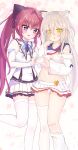  2025 2girls :o absurdres ahoge animal_ear_fluff animal_ears ass_visible_through_thighs bandaid bandaid_on_knee bandaid_on_leg bare_shoulders bell black_bow blonde_hair blue_bow blue_ribbon bow braid buttons cat_ears cat_girl chinese_commentary clothes_lift colored_eyelashes commentary crossover dated eyes_visible_through_hair fang feet_out_of_frame grey_eyes hair_between_eyes hair_bow hair_ornament hair_over_shoulder hairclip hand_up heart heart_hands heart_hands_duo heart_in_eye highleg highleg_panties highres huge_bow inui_sana jingle_bell juliet_sleeves kuro_(sakura_moyu) long_hair long_sleeves looking_at_viewer mashiroiro_symphony miniskirt multiple_girls navel neck_ribbon off-shoulder_shirt off_shoulder open_mouth panties paw_pose pleated_skirt ponytail puffy_sleeves red_hair ribbon sakura_moyu school_uniform shirt sichuan_luo_li sidelocks signature simple_background single_braid single_hair_intake skirt skirt_lift sleeve_bow slit_pupils standing standing_on_one_leg symbol_in_eye teeth thigh_gap thighs underwear upper_teeth_only very_long_hair white_background white_panties white_shirt white_skirt wide_sleeves yellow_eyes zettai_ryouiki 