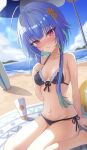  1girl :t ahoge alternate_costume balflear_(oe19nlud) ball beach beach_umbrella beachball bikini black_bikini blue_hair blue_sky blush breasts closed_mouth cloud cup day flower green_hair hair_flower hair_intakes hair_ornament hashtag-only_commentary highres looking_at_viewer mole mole_on_stomach mole_under_eye multicolored_hair nanashi_inc. navel orange_flower outdoors pink_eyes sitting sky small_breasts solo surfboard suzumi_nemo swimsuit two-tone_hair umbrella virtual_youtuber 