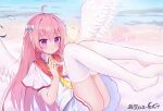  1girl 2025 absurdres ahoge aiyoku_no_eustia angel angel_wings blush bow capelet chinese_commentary closed_mouth collared_shirt commentary_request copyright_name dated day eustia_astraea eyes_visible_through_hair feathered_wings feathers floating_tears flower full_body hair_between_eyes hair_bow hair_flower hair_intakes hair_ornament hand_up heart highres knees_together_feet_apart legs long_hair midair miniskirt necktie outdoors pink_hair purple_eyes purple_pupils raised_eyebrows rose shirt short_sleeves sichuan_luo_li sidelocks signature skirt sky smile solo split_mouth straight_hair tears thighhighs thighs very_long_hair white_bow white_capelet white_feathers white_flower white_rose white_shirt white_skirt white_thighhighs white_wings wings yellow_flower yellow_necktie yellow_rose 