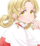  1girl blonde_hair closed_mouth collar curly_hair dress drill_hair drill_sidelocks elly_(touhou) frilled_collar frills from_side hand_on_own_face high_collar highres looking_at_viewer no_headwear parted_bangs portrait red_dress s-a-murai sidelocks smile solo touhou touhou_(pc-98) white_background white_collar yellow_eyes 