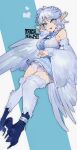  1girl animal_feet bird_legs bird_tail black_dress blue_background blue_eyes blue_hair blue_wings claws commission diamond-shaped_pupils diamond_(shape) dress english_commentary feathered_wings fur-tipped_ears hand_on_own_cheek hand_on_own_face harpy highres looking_at_viewer monster_girl original pointy_ears short_hair sideways_hat skeb_commission sleeveless sleeveless_dress solo symbol-shaped_pupils taiga_(klm1511) tail talons winged_arms wings 