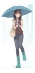  1girl absurdres bag black_hair blue_eyes blush boots breasts commentary highres holding holding_umbrella idolmaster idolmaster_shiny_colors kazano_hiori long_hair mole mole_under_mouth open_mouth pants rubber_boots short_sleeves shoulder_bag simple_background solo umbrella umirororo 