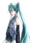  1girl absurdres bare_shoulders black_skirt blue_eyes blue_hair blue_necktie breasts closed_mouth collared_shirt commentary_request detached_sleeves grey_shirt hair_between_eyes hatsune_miku headphones headset highres long_sleeves moko39_takasora necktie pleated_skirt puffy_long_sleeves puffy_sleeves shirt simple_background skirt sleeveless sleeveless_shirt small_breasts solo tie_clip twintails vocaloid white_background 