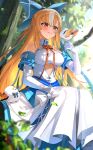  1girl bare_shoulders bird bird_on_hand blue_bow blurry blurry_background blurry_foreground blush bow breasts cleavage_cutout clothing_cutout cutout_above_navel depth_of_field dress elbow_gloves elfriend_(shiranui_flare) gloves hair_bow highres hololive kito_koruta koruta_(nekoimo) large_breasts long_dress long_hair looking_at_animal neck_ribbon orange_hair pointy_ears red_eyes red_ribbon ribbon shiranui_flare shiranui_flare_(1st_costume) sitting smile solo very_long_hair virtual_youtuber watermark white_dress white_gloves 