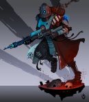  absurdres adeptus_mechanicus adeptus_mechanicus_(symbol) armor artist_logo black_armor blue_armor blue_eyes blue_light cable chipped_paint crossover cyborg dirt electricity embers energy_gun english_commentary glowing glowing_eyes gradient_background grey_background gun hazard_stripes helmet highres holding holding_gun holding_weapon joints lightning_gun logo ray_gun red_light rifle robot_joints running science_fiction sidelighting skitarii skull skull_print smoke team_fortress_2 unworn_headwear unworn_helmet vest waistcoat warhammer_40k weapon wolfdawg_art 