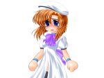  1girl beret black_thighhighs blue_eyes blush bow bowtie bracelet breasts confused dress eyes_visible_through_hair game_cg hair_between_eyes hat higurashi_no_naku_koro_ni jewelry large_variant_set medium_breasts multiple_bracelets no_nose open_mouth orange_hair parted_bangs purple_bow purple_bowtie ryukishi07 ryuuguu_rena short_hair short_sleeves thighhighs variant_set white_dress white_hat 