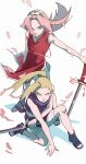  2girls absurdres aqua_eyes bandaged_leg bandages blonde_hair dress earrings forehead_protector full_body green_eyes hair_over_one_eye haruno_sakura highres holding holding_sword holding_weapon jewelry katana konohagakure_symbol long_hair multiple_girls naruto_(classic) naruto_(series) on_one_knee open-toe_boots pink_hair pink_petals pnpk_1013 ponytail purple_dress red_dress simple_background standing sword weapon white_background yamanaka_ino 