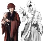  1n1nu 2boys :p alternate_costume bandaged_arm bandaged_fingers bandaged_neck bandages bead_necklace beads black_nails deidara_(naruto) extra_mouth forehead_protector hair_over_one_eye high_ponytail highres japanese_clothes jewelry kimono looking_at_another looking_at_viewer male_focus multiple_boys naruto_(series) naruto_shippuuden necklace open_clothes open_kimono partially_colored ponytail sasori_(naruto) simple_background sketch tongue tongue_out waving white_background wristband 