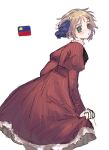  1girl axis_powers_hetalia blonde_hair blue_ribbon blush commentary_request dress feet_out_of_frame floating_hair folivora_zzzz from_behind green_eyes hair_ribbon highres juliet_sleeves liechtenstein_(hetalia) liechtensteiner_flag long_sleeves looking_at_viewer looking_back parted_lips pinstripe_dress pinstripe_pattern puffy_sleeves red_dress ribbon short_hair simple_background skirt_hold solo standing 