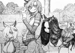  3girls absurdres animal_ears bent_over black_hair chronozbergh crossover curtained_hair elden_ring greyscale hair_between_eyes hair_over_one_eye hatching_(texture) highres horse_ears horse_girl horse_tail leonard_(elden_ring) long_hair medium_hair monochrome multiple_girls night&#039;s_cavalry outdoors personification short_hair standing tail torrent_(elden_ring) tracen_training_uniform traditional_media trait_connection umamusume 