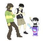  2boys 2others :| black_hair black_shoes black_sweater_vest brown_hair brown_pants brown_shorts closed_mouth crossover deltarune dual_persona full_body hero_sword_(deltarune) highres holding holding_knife human_tower knife kris_(deltarune) mini_person miniboy multiple_boys multiple_others omori omori_(omori) on_head pants person_on_head scared shaded_face shoes short_hair shorts simple_background socks sparkle stacking standing_on_person sunny_(omori) sweat sweater_vest trait_connection ttudolee white_background white_eyes white_socks 
