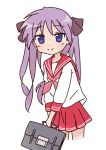  1girl absurdres bag blue_eyes bow handbag highres hiiragi_kagami holding holding_bag long_hair looking_at_viewer lucky_star neckerchief pink_neckerchief purple_hair red_sailor_collar red_skirt ryouou_school_uniform sailor_collar sailor_shirt school_uniform shirt skirt smile tsurime twintails white_background white_shirt yq9nhoedbnmi6iy 