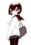  1boy absurdres bag blush crossdressing crossdressing_(mtf) flower hair_flower hair_ornament highres long_sleeves miniskirt monochrome open_mouth original pantyhose pleated_skirt ribbon school_bag school_uniform serafuku simple_background skirt sweatdrop trap vae white_background 