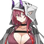  1girl absurdres arknights ascalon_(arknights) black_choker black_horns breasts choker cleavage closed_mouth collarbone commentary_request ears_through_hood grey_jacket hair_between_eyes highres hood hood_down hooded_jacket horns jacket large_breasts long_hair pink_eyes pink_hair pointy_ears purple_horns simple_background solo split_mouth teardrop_facial_mark white_background xibu_cai 