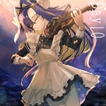  1girl apron black_dress black_hairband blonde_hair blue_background blue_hair bow_(music) closed_eyes cowboy_shot dress gradient_background hair_intakes hair_ornament hairband hands_up highres holding holding_bow_(music) holding_instrument holding_violin instrument juliet_sleeves long_hair long_sleeves music ogi_ogi_0gi pantyhose parted_lips playing_instrument puffy_sleeves reverse:1999 school_uniform short_dress solo soviet_school_uniform star_(symbol) star_hair_ornament violin voyager_(reverse:1999) white_apron white_pantyhose 