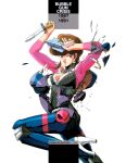  1980s_(style) 1girl armor ballet_boots bodysuit breasts broken_armor brown_eyes brown_hair bubblegum_crisis cleavage copyright_name damaged dual_wielding gun handgun hardsuit high_heels holding holding_gun holding_knife holding_weapon knife leg_up long_hair looking_at_viewer mechabare medium_hair official_art open_mouth power_armor priscilla_asagiri retro_artstyle reverse_grip simple_background smile solo sonoda_ken&#039;ichi weapon white_background 