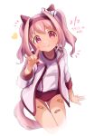  &gt;:) 1girl absurdres alternate_hairstyle animal_ears bandaid blush bow buruma closed_mouth commentary_request cowboy_shot ear_covers flower_in_eye gym_shirt gym_uniform hair_bow hairband haru_urara_(umamusume) head_tilt highres horse_ears horse_girl horse_tail jacket long_sleeves looking_at_viewer moko39_takasora open_clothes open_jacket pink_eyes pink_hair red_buruma red_trim shirt short_hair smile solo symbol_in_eye tail twintails twintails_day umamusume v-shaped_eyebrows white_jacket white_shirt 