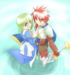 1boy 1girl alternate_color armor armored_boots back_bow belt blue_background blue_cape blue_dress blue_tabard blush boots bow breastplate brown_belt brown_eyes cape closed_mouth commentary_request dress elbow_gloves full_body gloves green_hair hair_between_eyes hair_ornament hairclip high_priest_(ragnarok_online) holding holding_sword holding_weapon juliet_sleeves long_bangs long_sleeves looking_at_viewer lord_knight_(ragnarok_online) open_mouth pants pauldrons puffy_sleeves rafoll ragnarok_online red_eyes red_gloves red_hair red_pants red_shirt reverse_grip ripples sash shirt short_hair shoulder_armor smile spiked_gauntlets spiked_hair standing sword tabard thighhighs v-shaped_eyebrows wading water weapon white_bow white_sash white_thighhighs 