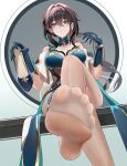  1girl absurdres aqua_gloves bare_legs bare_shoulders bead_necklace beads bm_(bm364364) breasts brown_hair chinese_commentary closed_mouth clothing_cutout commentary_request crossed_legs dna earrings feet foot_focus gloves green_eyes green_nails hair_between_eyes hair_intakes hands_up highres holding holding_shoes holding_unworn_clothes honkai:_star_rail honkai_(series) jewelry large_breasts large_variant_set legs light_blush long_hair looking_at_viewer nail_polish necklace no_shoes pantyhose partial_commentary ruan_mei_(honkai:_star_rail) shoes shoulder_cutout sitting soles solo thigh_strap thighs toenail_polish toenails toes unworn_shoes variant_set white_pantyhose 
