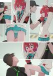  1girl 2boys age_difference amate_yuzuriha aqua_eyes aqua_hair collared_shirt embarrassed gloves gundam gundam_gquuuuuux hat highres kneeing multicolored_eyes multicolored_hair multiple_boys necktie panties pantyshot petite physical_examination red_eyes red_hair restrained school_uniform security_guard shirt short_hair skirt teeth two-tone_eyes two-tone_hair underwear upper_body upper_teeth_only vest yamomono 